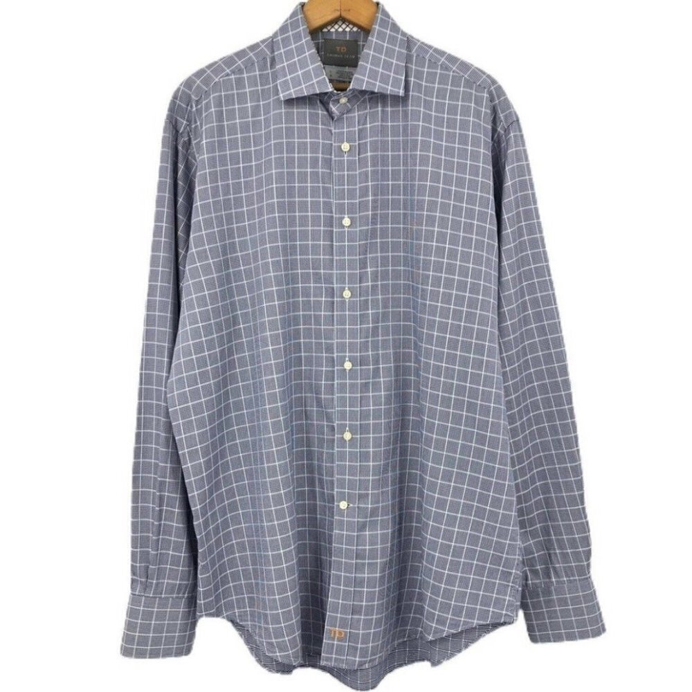 Thomas Dean Men’s Size L Button Up Shirt Plaid Houndstooth Navy Blue Flip Cuff